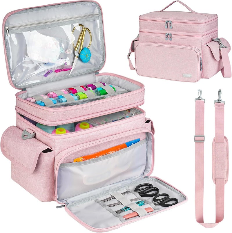 LEFORZ Large Sewing Supplies Organizer Storage Bag,Double-Layer Protable Travel Sewing Basket for Sew Accessories & Tools,Pink(Bag Only) - Image 1